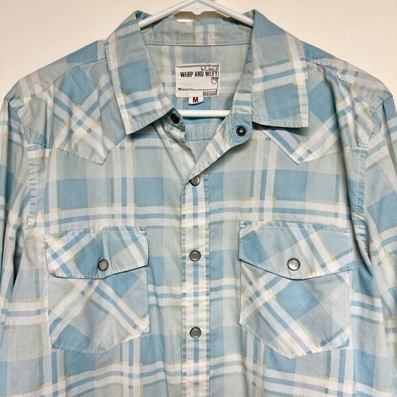 Warp And Weft Long Sleeve Pearl Snap Button Down‎ Blue Plaid Men’s Medium - Picture 2 of 11